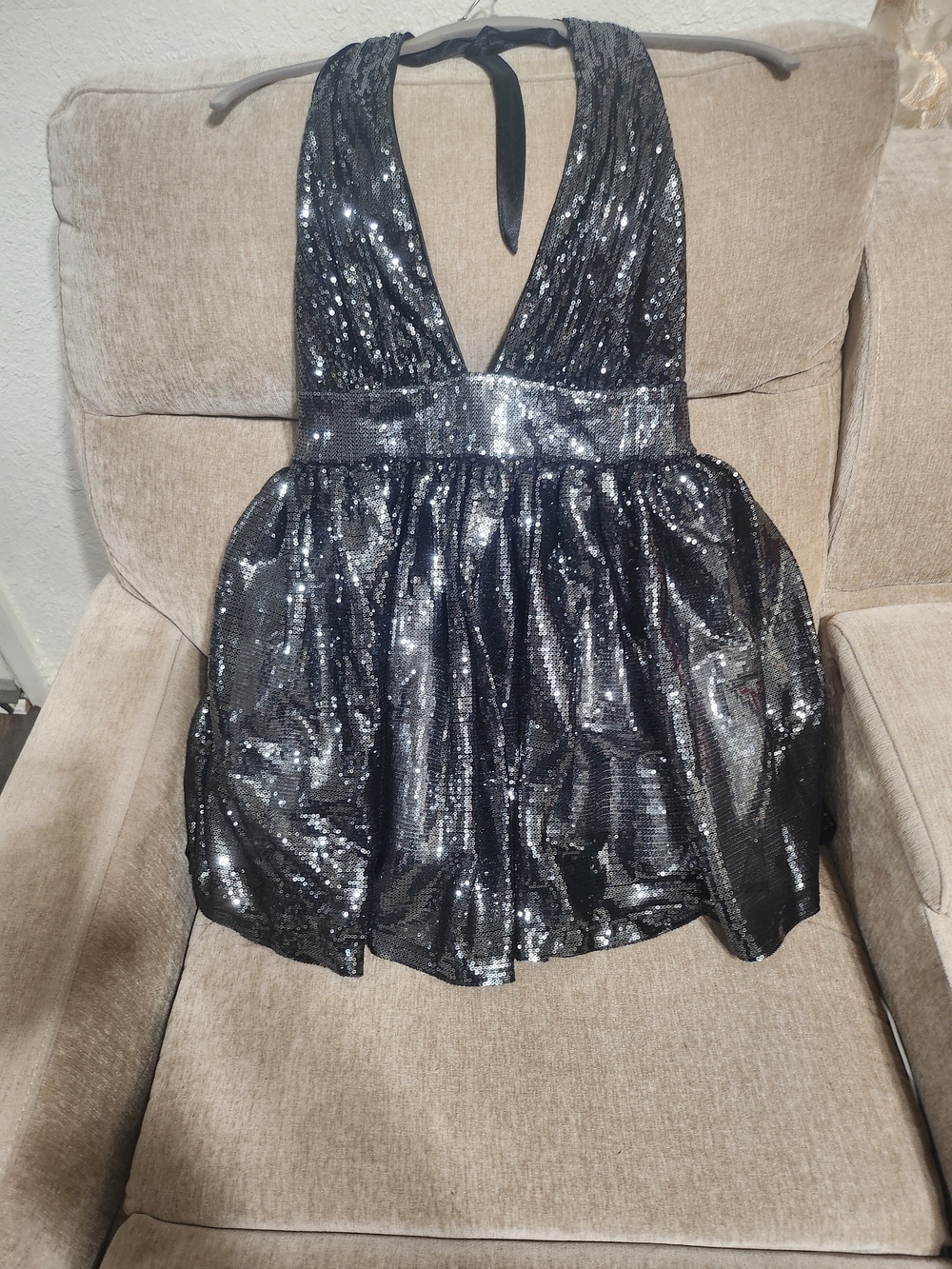 bebe Silver Sequin Halter Camisole Top